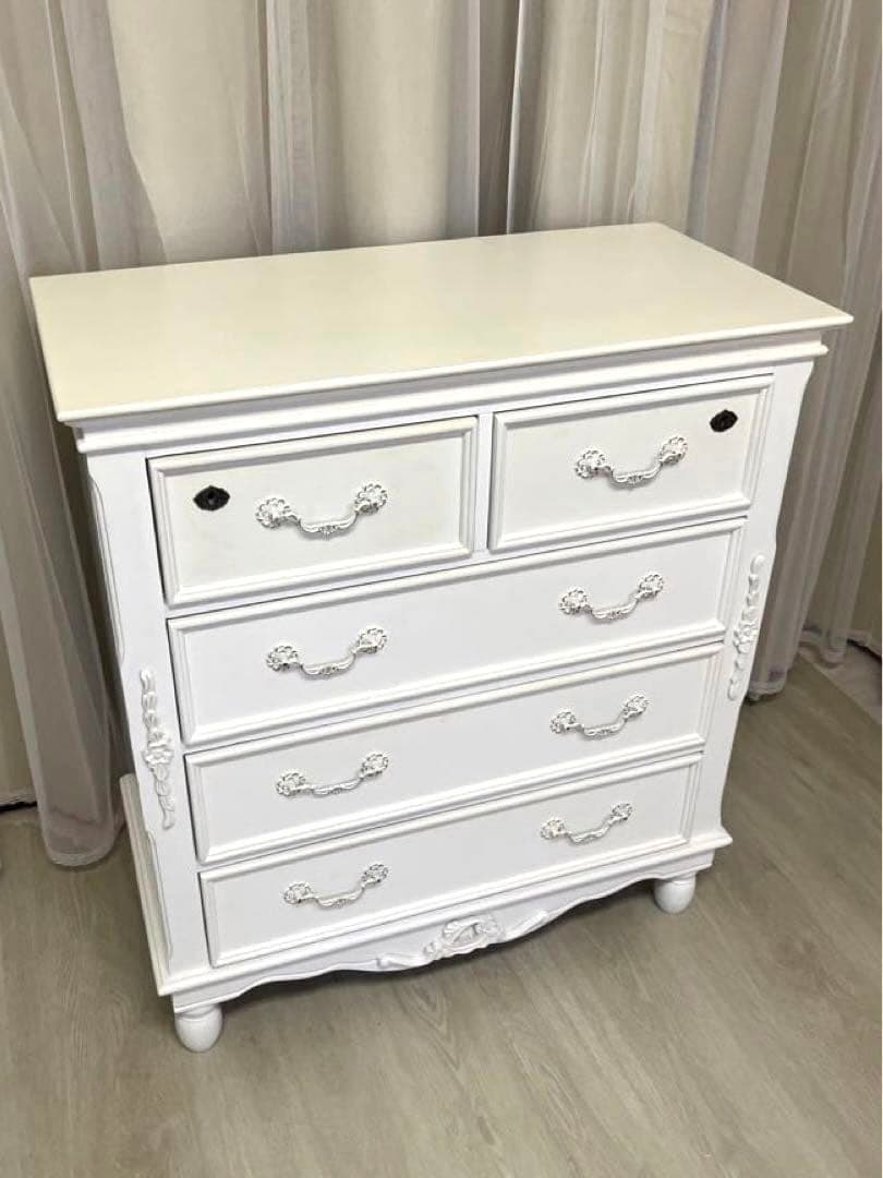 ロココ アンティーク キー付 フレンチ ホワイト チェスト