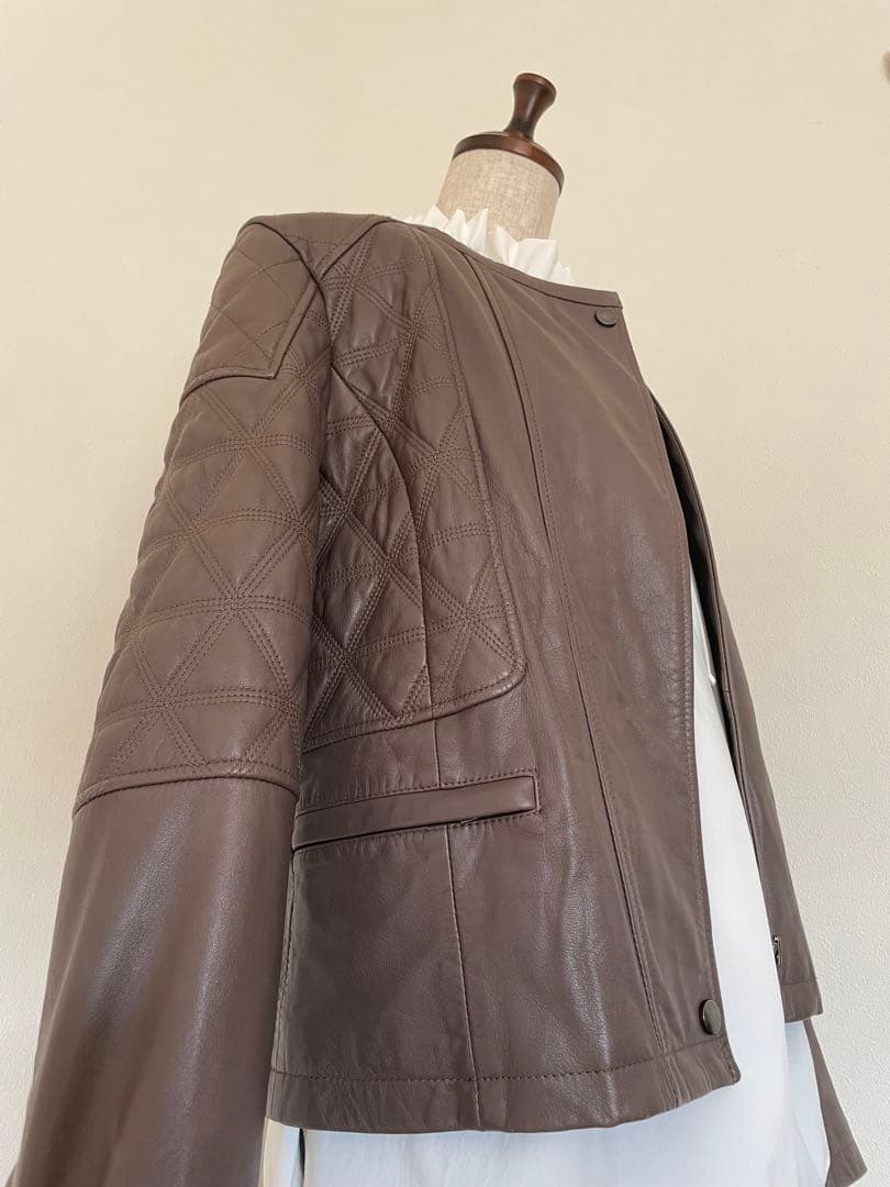 【コントワーデコトニエ】マロン色のラムレザーキルティングジャケット　大きいサイズ
