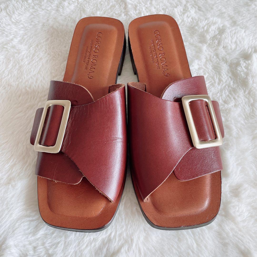 極美品 コルソローマ フラットサンダル ビッグバックル スクエアトゥ 37 茶