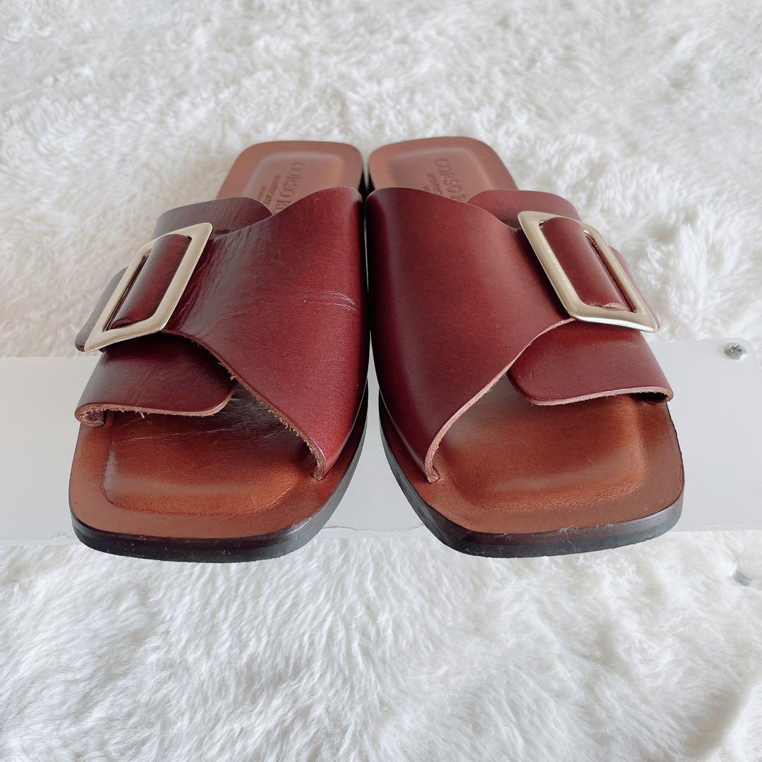 極美品 コルソローマ フラットサンダル ビッグバックル スクエアトゥ 37 茶