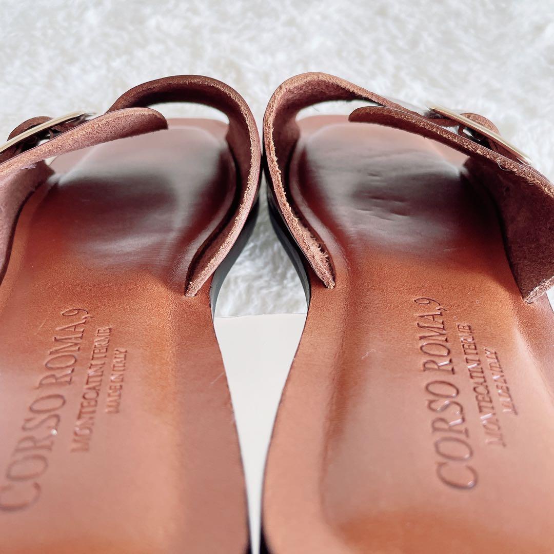 極美品 コルソローマ フラットサンダル ビッグバックル スクエアトゥ 37 茶