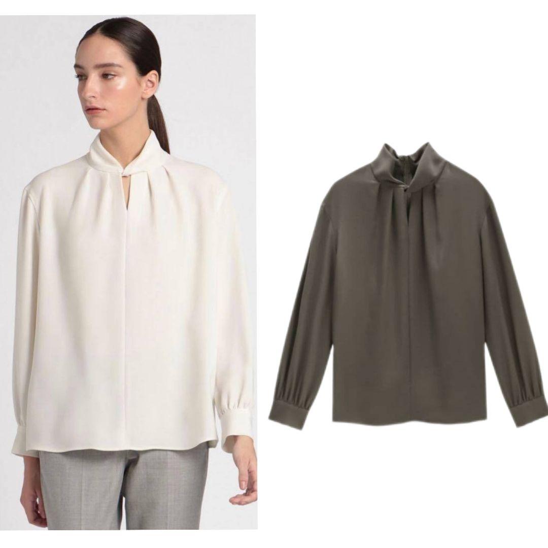 美品 セオリーリュクス 洗えるツイストカラーブラウス ダスティセダー 38