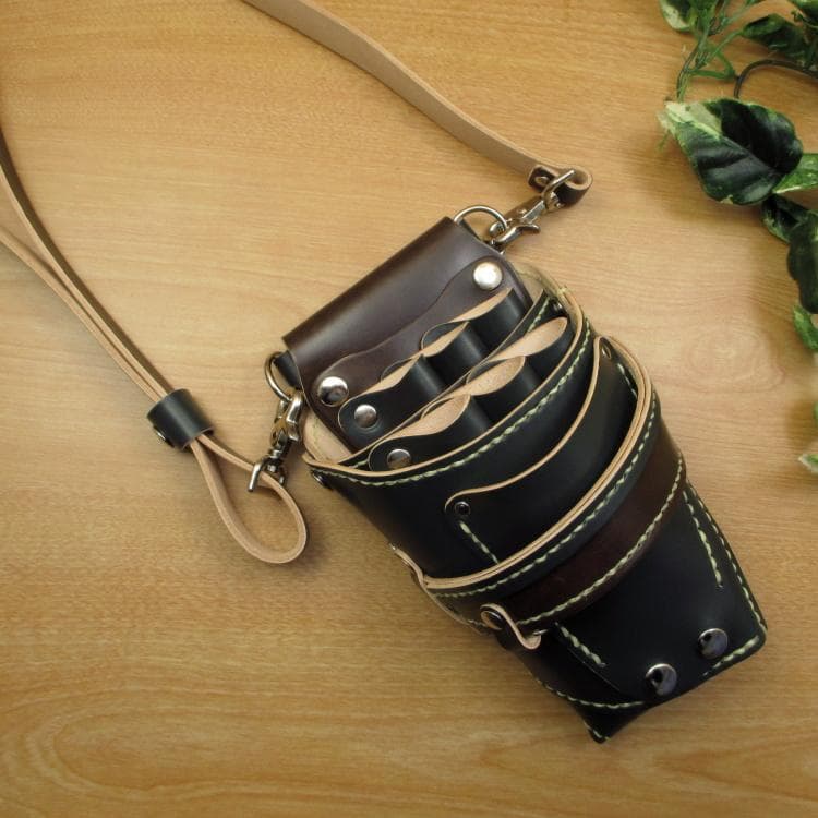 ダークグリーン＆焦げ茶　６丁　革ベルト付　シザーケース　SCL-100/CGB