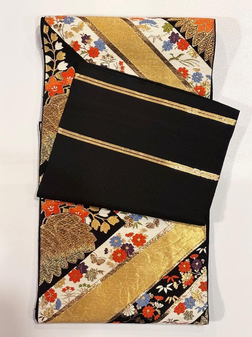 【Modoken】正絹 袋帯 西陣織 金糸 礼装用 松皮菱 四季草花文様