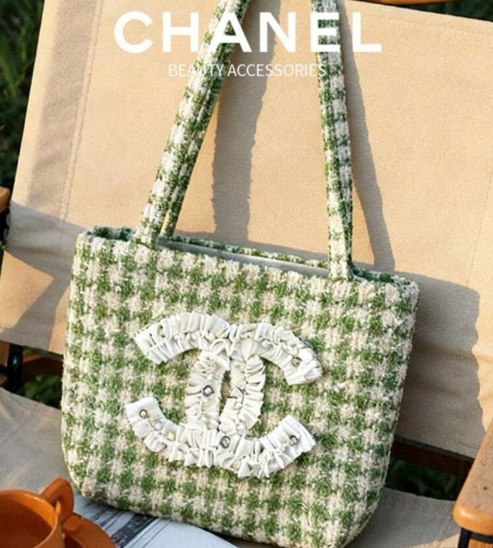 CHANEL 黄緑 シフォン ツイード　トートバッグ　レース