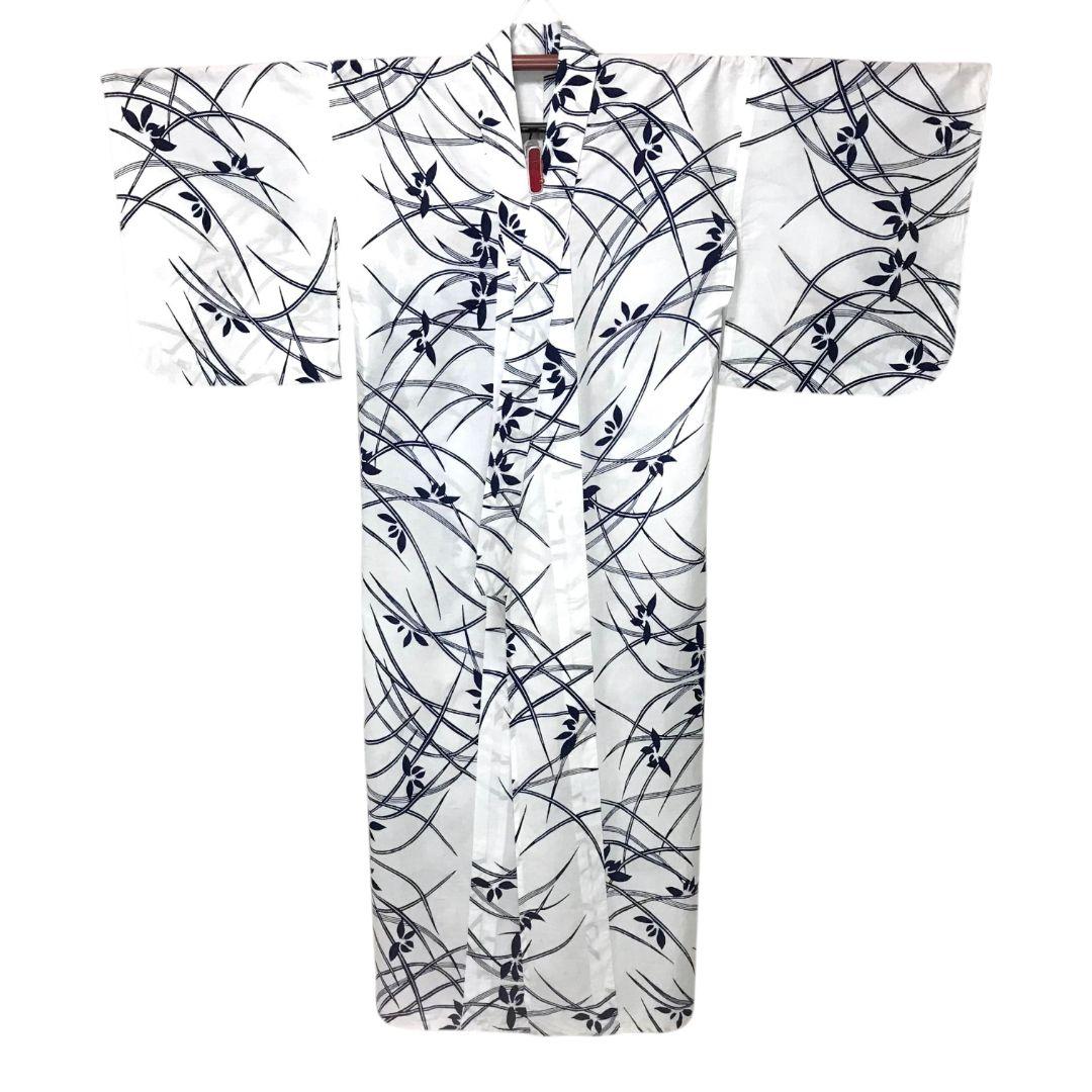 【浴衣】草花模様 芝草　注染　白地 ホワイト　古典 綿 ＋半幅帯セット