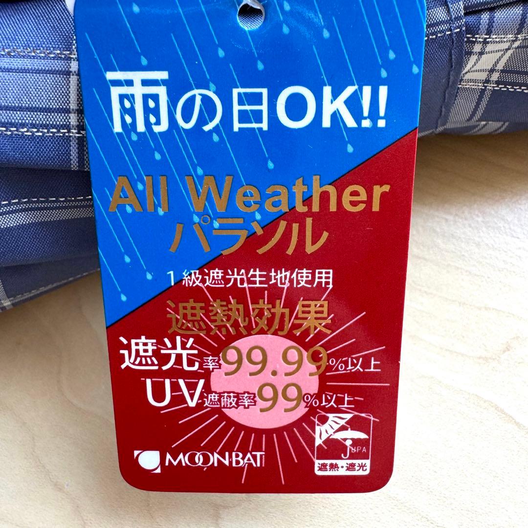 新品★サンドレス　晴雨兼用　日傘　楽折　1級遮光　遮熱　ブルー　チェック　レース