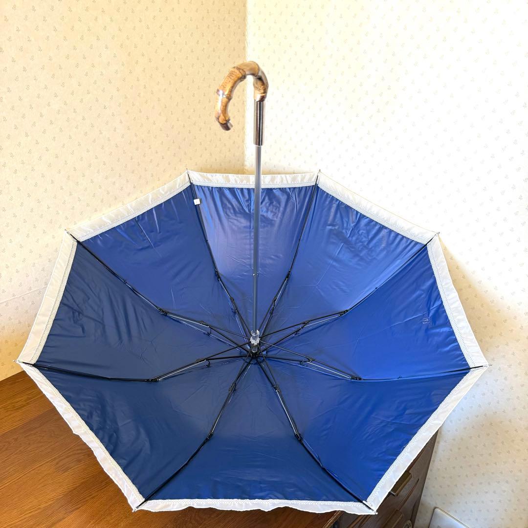 新品★サンドレス　晴雨兼用　日傘　楽折　1級遮光　遮熱　ブルー　チェック　レース