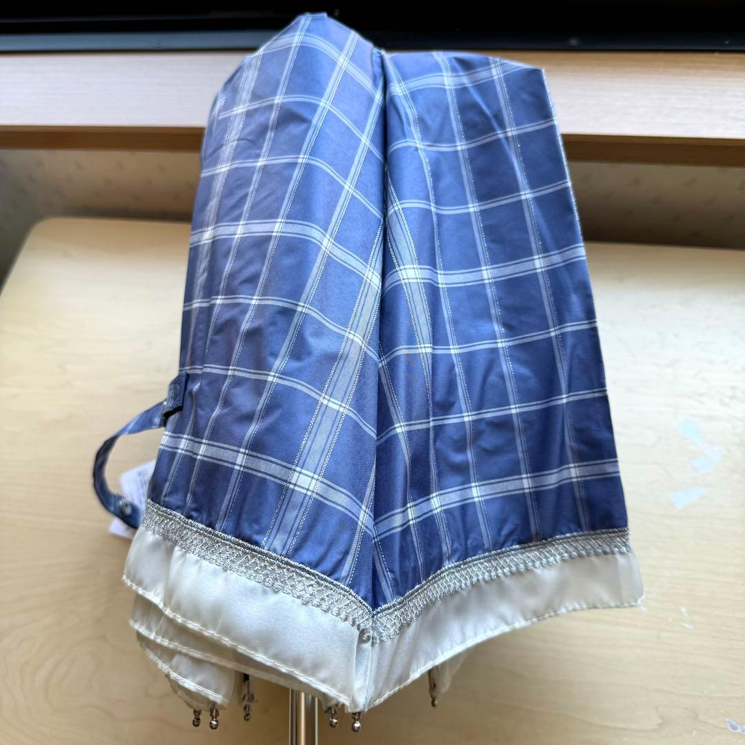 新品★サンドレス　晴雨兼用　日傘　楽折　1級遮光　遮熱　ブルー　チェック　レース