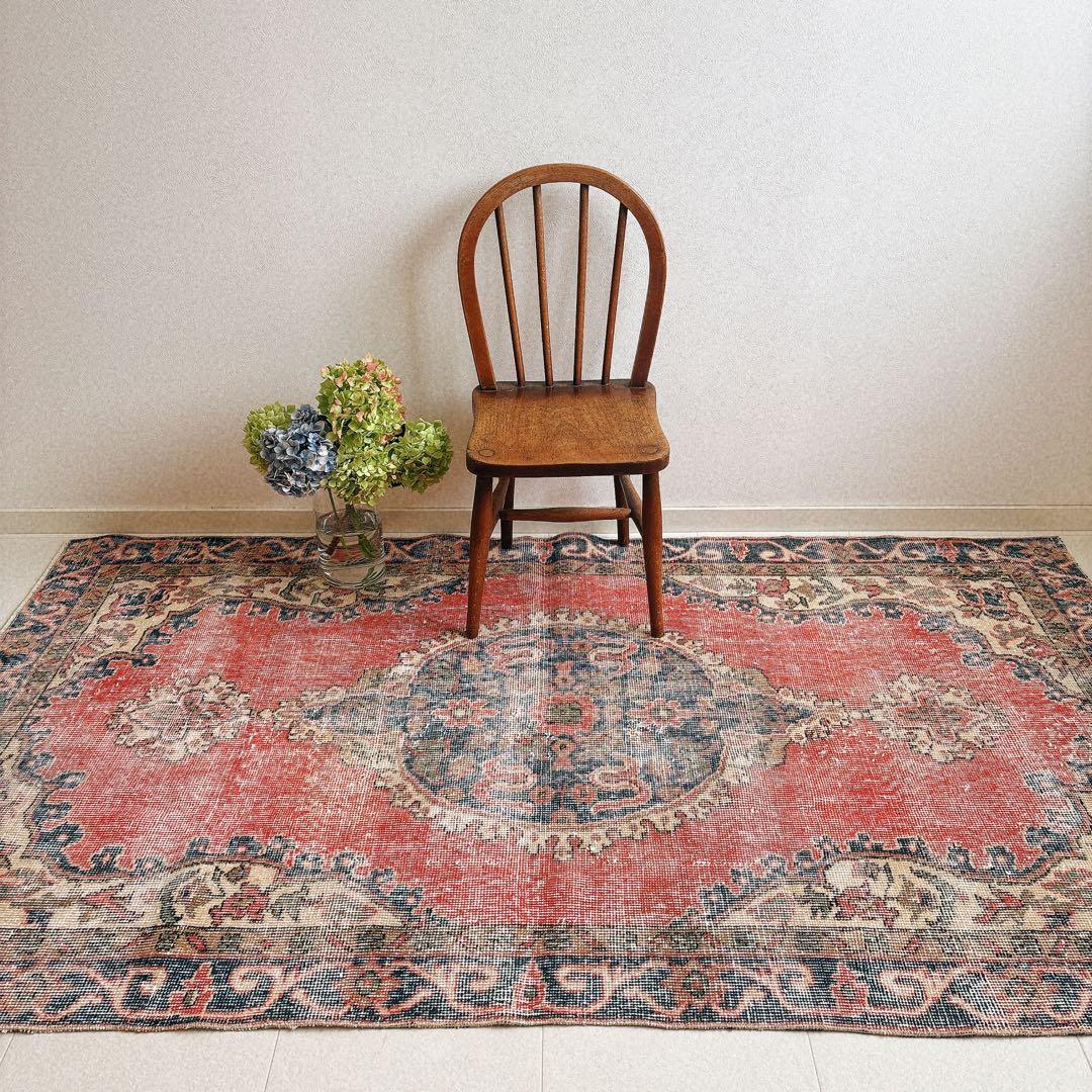 トルコ　ヴィンテージラグ　ピンク　ブルー　メダリオン