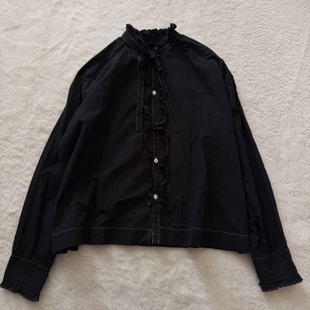 45R インドカディのタックフリルボウタイブラウス　黒