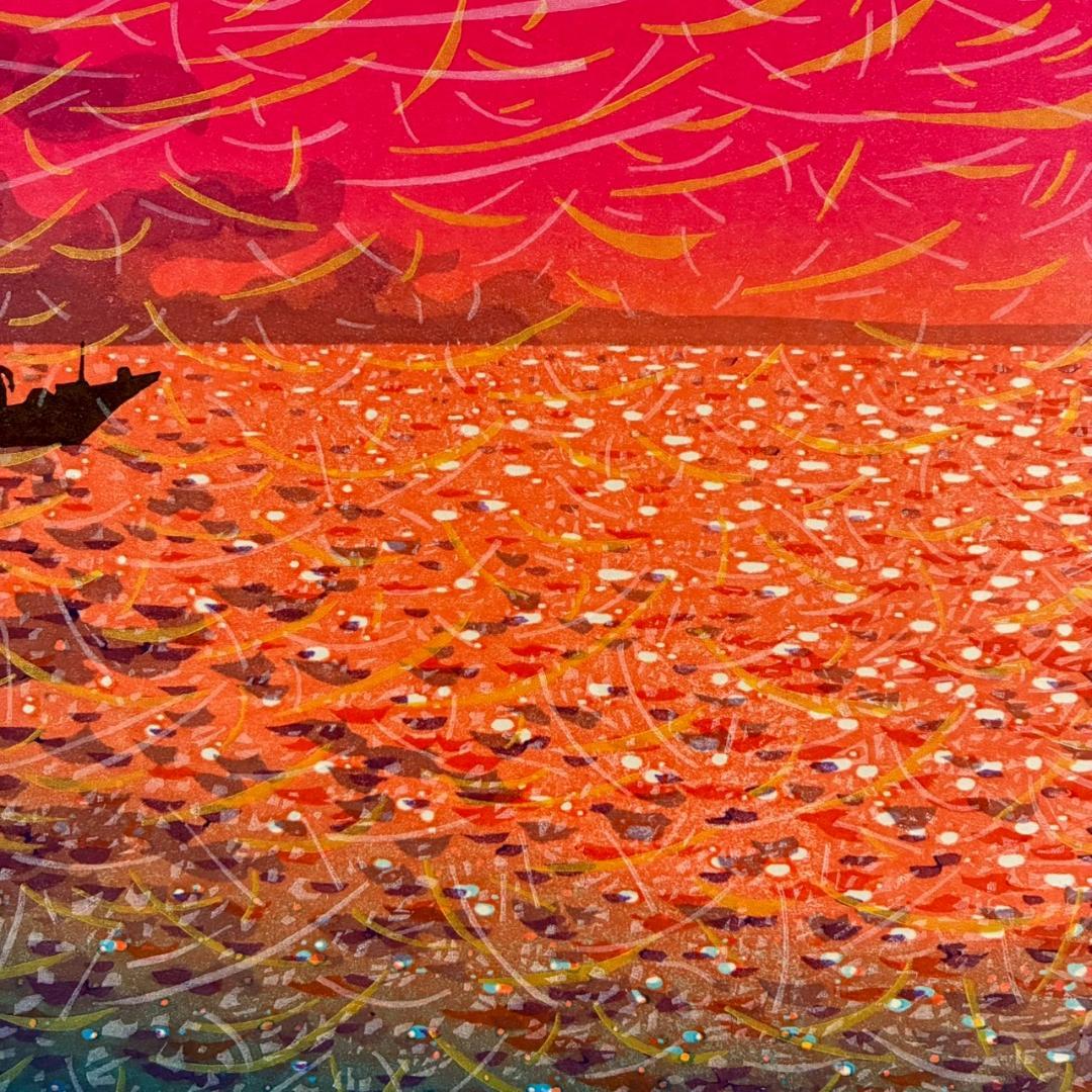 【最終値下げ】美品 牧野宗則「光を浴びて」木版画 1992年制作 直筆サイン入り