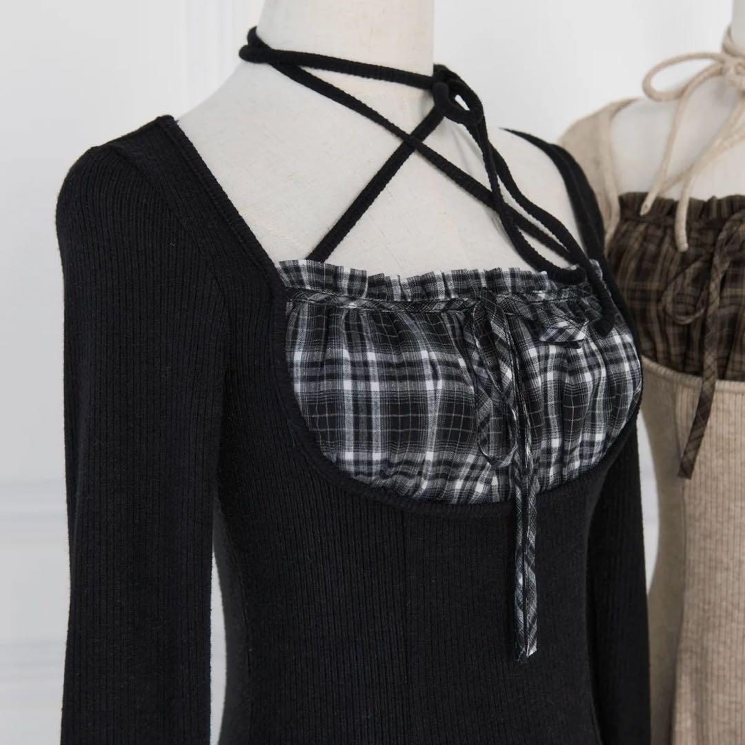 BunnyLis チェック切替リボンカットワンピ