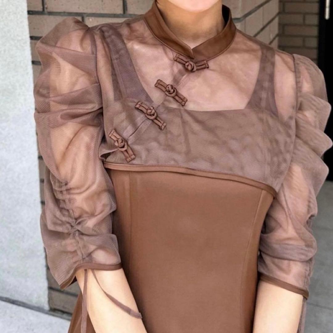 leja 透け感チャイナトップス付きロング丈キャミソールセットアップドレス