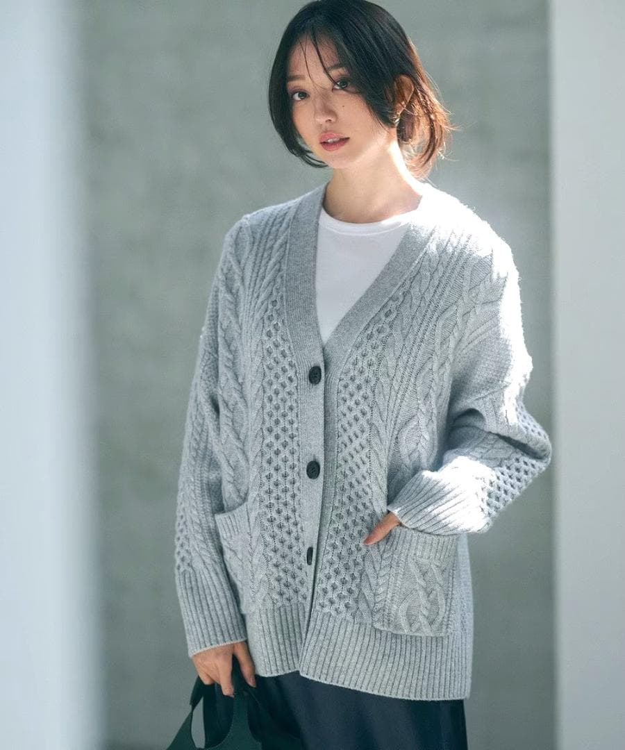今季新品23区★【杏さん着用/洗える】ウールカシミヤ アランパターンカーディガン
