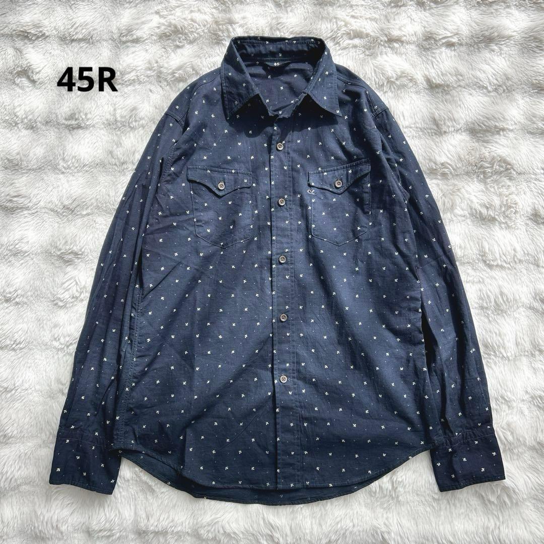45R★総柄　インディゴ染　シャツ　ブラウス　コットン　藍色