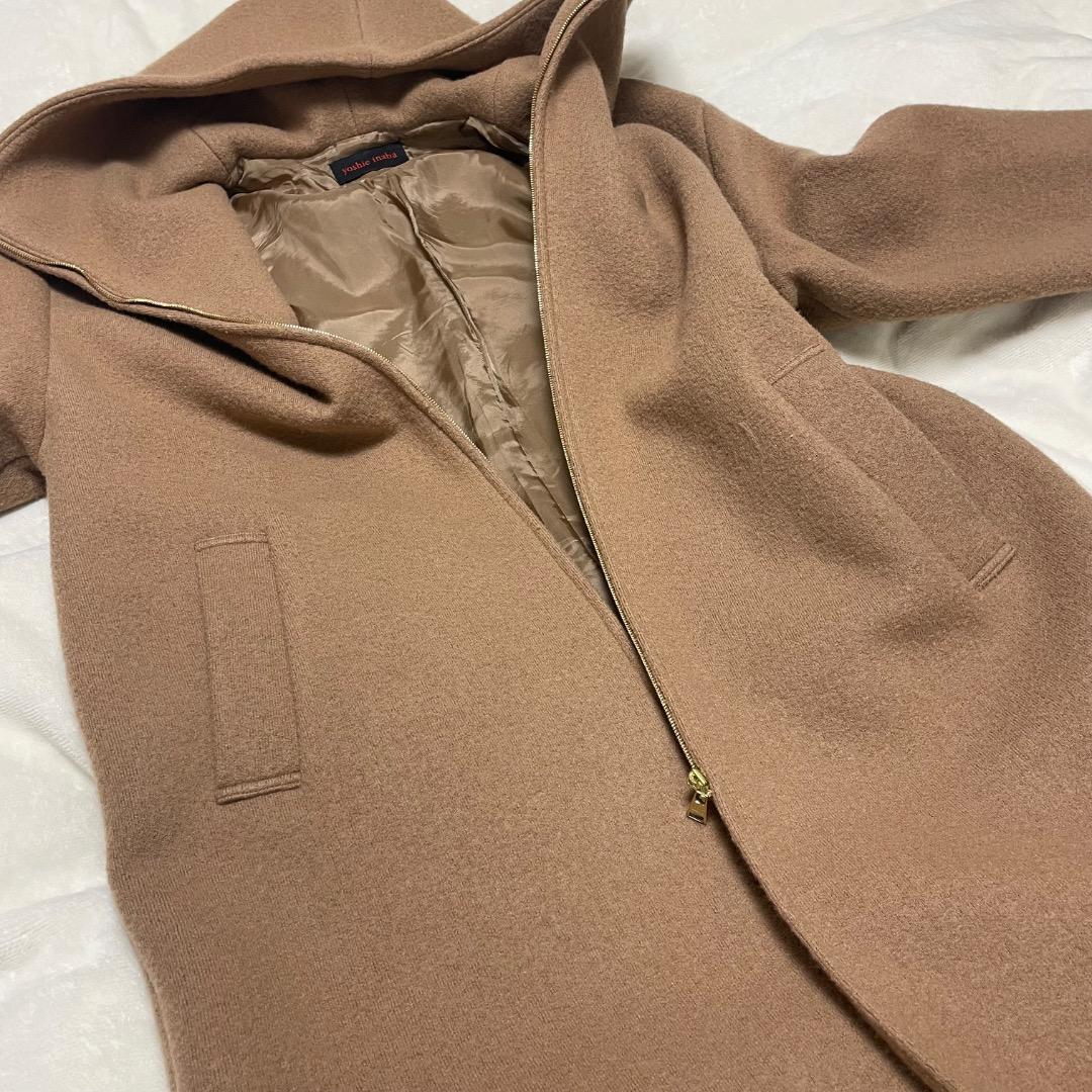 ヨシエ　イナバ　ミドル丈　コート　毛　ベージュ　フード