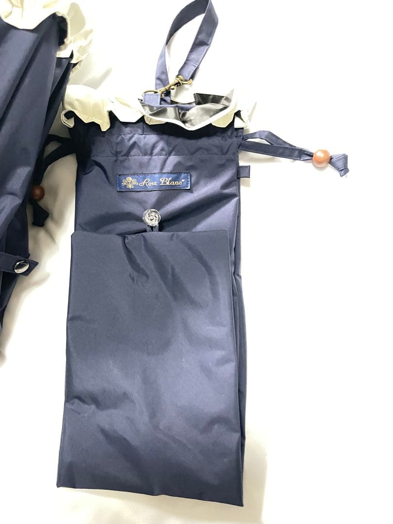 芦屋ロサブラン　ネイビー フリル付き 折りたたみ傘 晴雨兼用