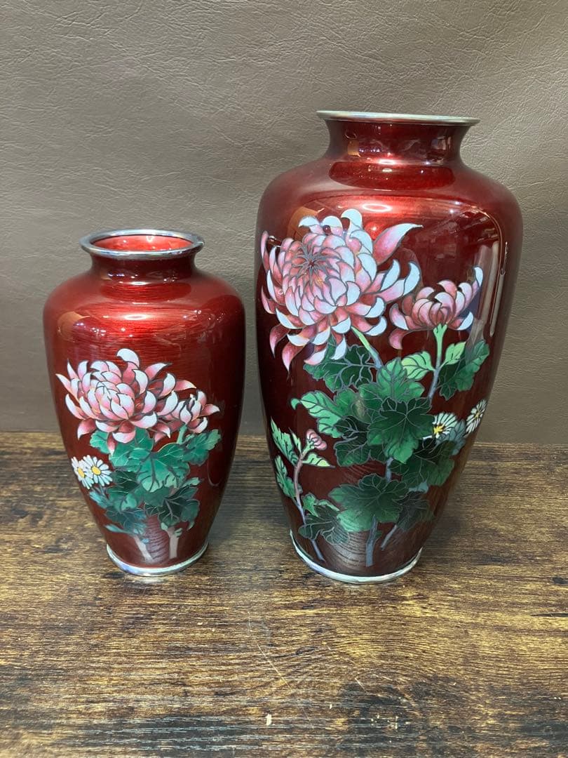 七宝焼 花瓶 菊柄 大小2個セット