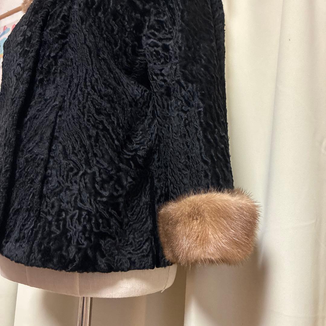 1950s-60sヴィンテージ黒ラムウールミンクファー襟 毛皮ショートコート