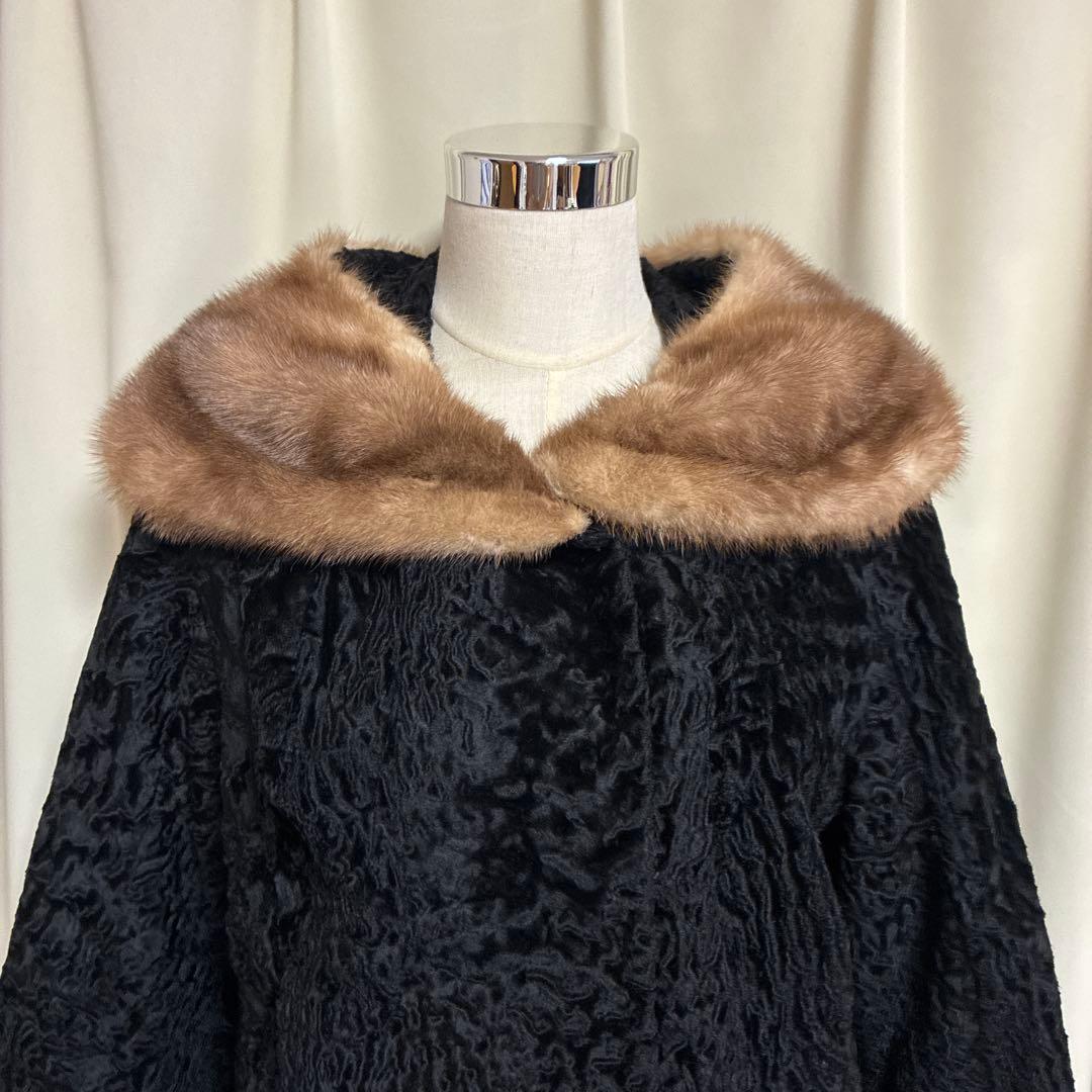 1950s-60sヴィンテージ黒ラムウールミンクファー襟 毛皮ショートコート