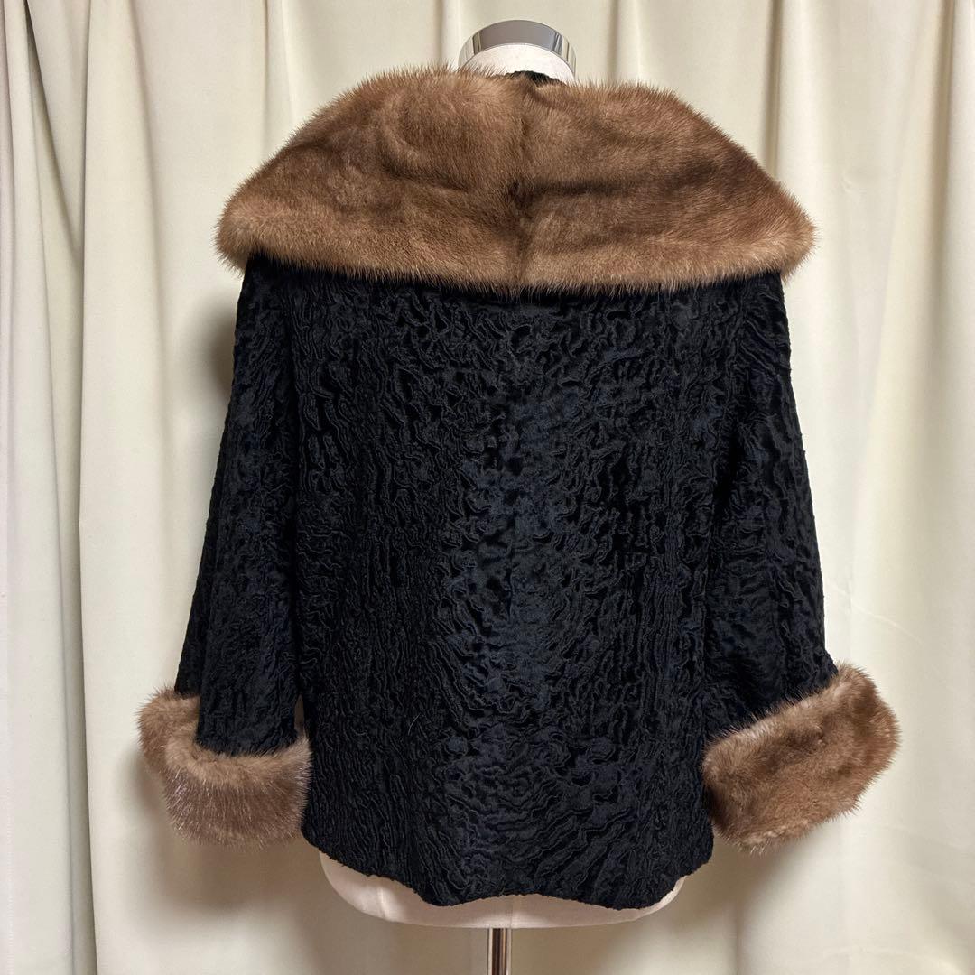 1950s-60sヴィンテージ黒ラムウールミンクファー襟 毛皮ショートコート