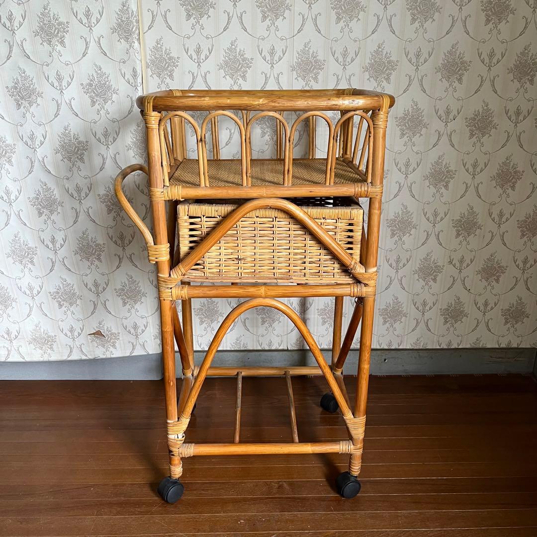【アンティーク】籐 ラタン キャスター付き ランドリーラック シェルフ 脱衣かご