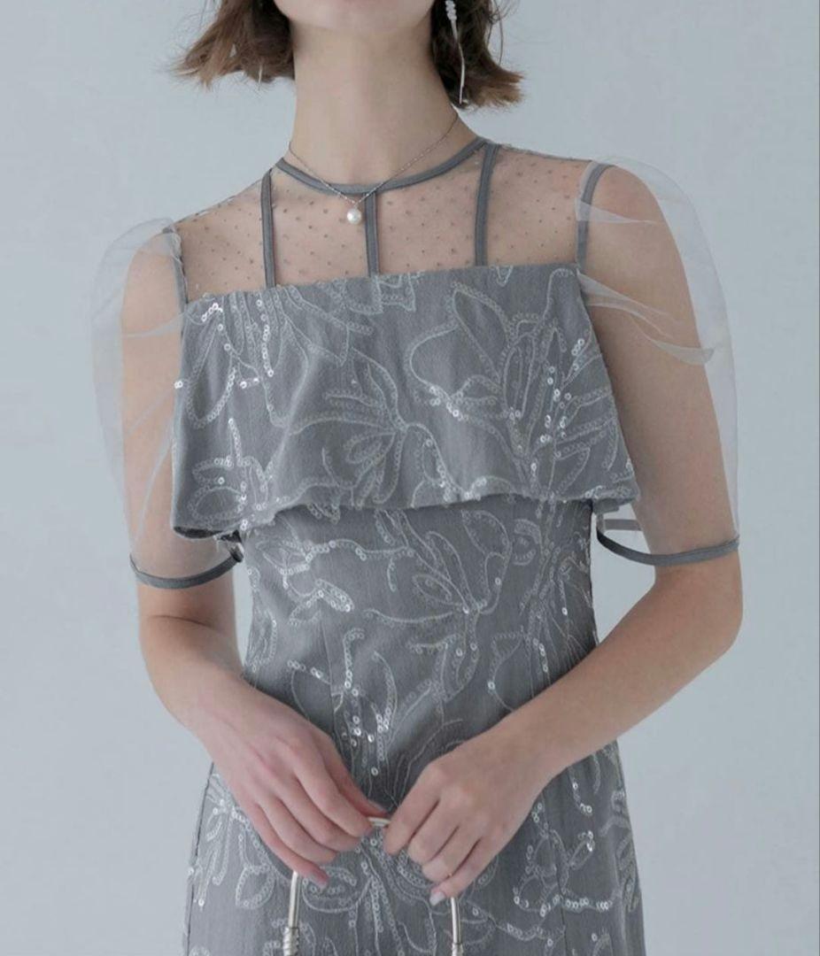 LEJA　ドットチュールフラワースパンコール　Iラインドレス　グレー　S