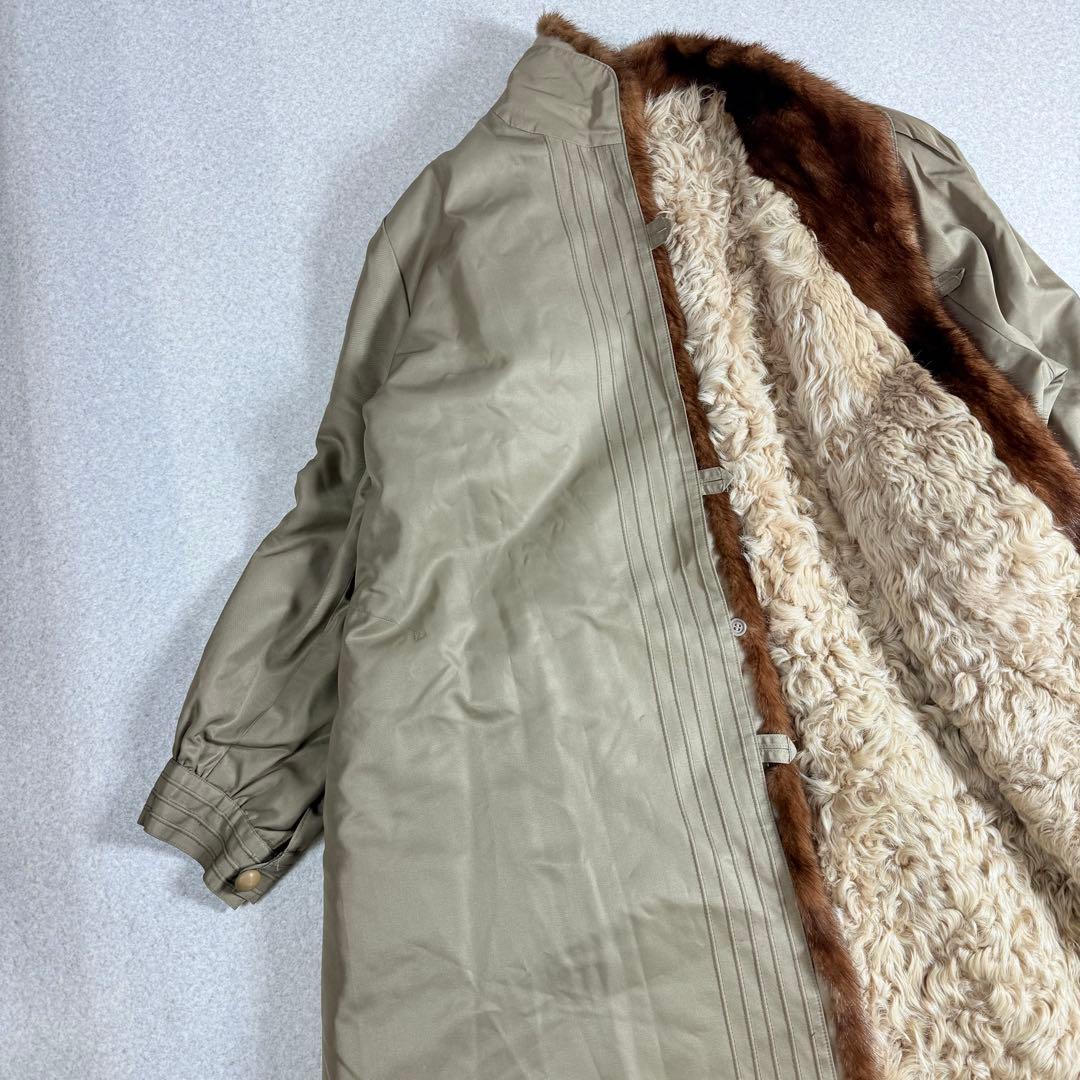 カネボウシルク　毛皮ライナー付き　スタンドカラー　ロングコート　ラム/ミンク　絹