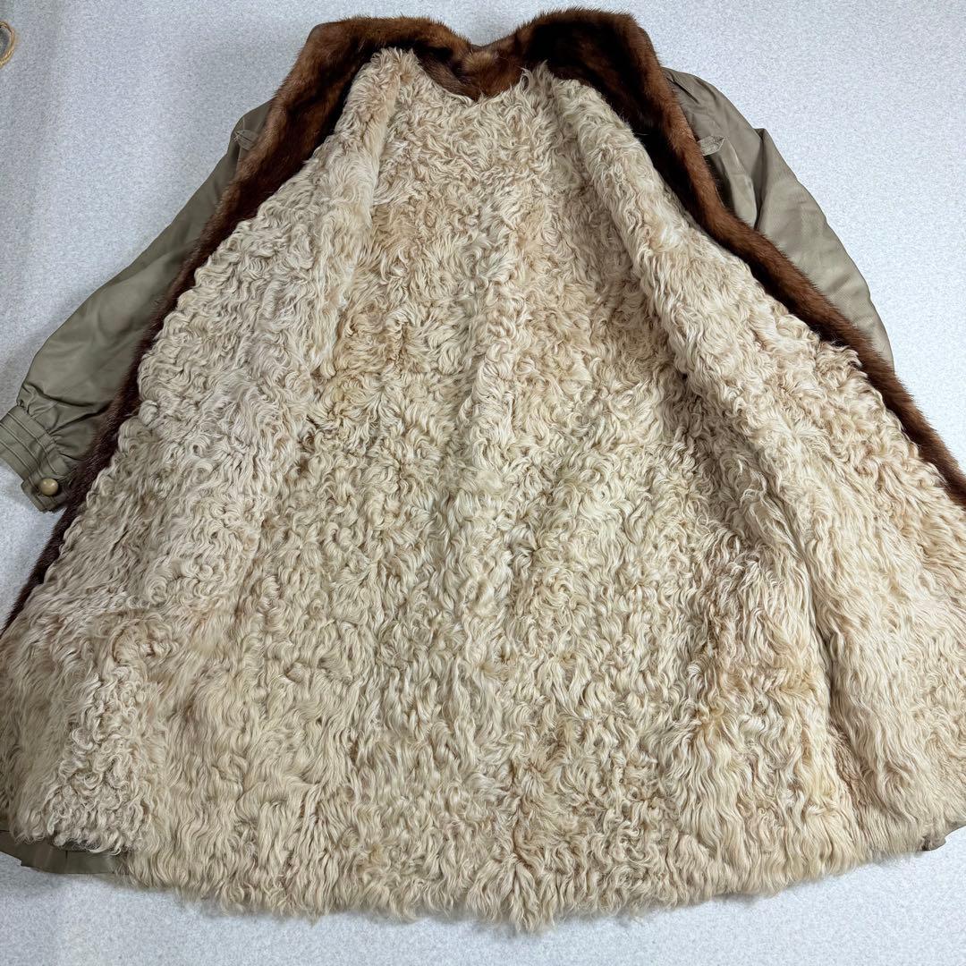 カネボウシルク　毛皮ライナー付き　スタンドカラー　ロングコート　ラム/ミンク　絹