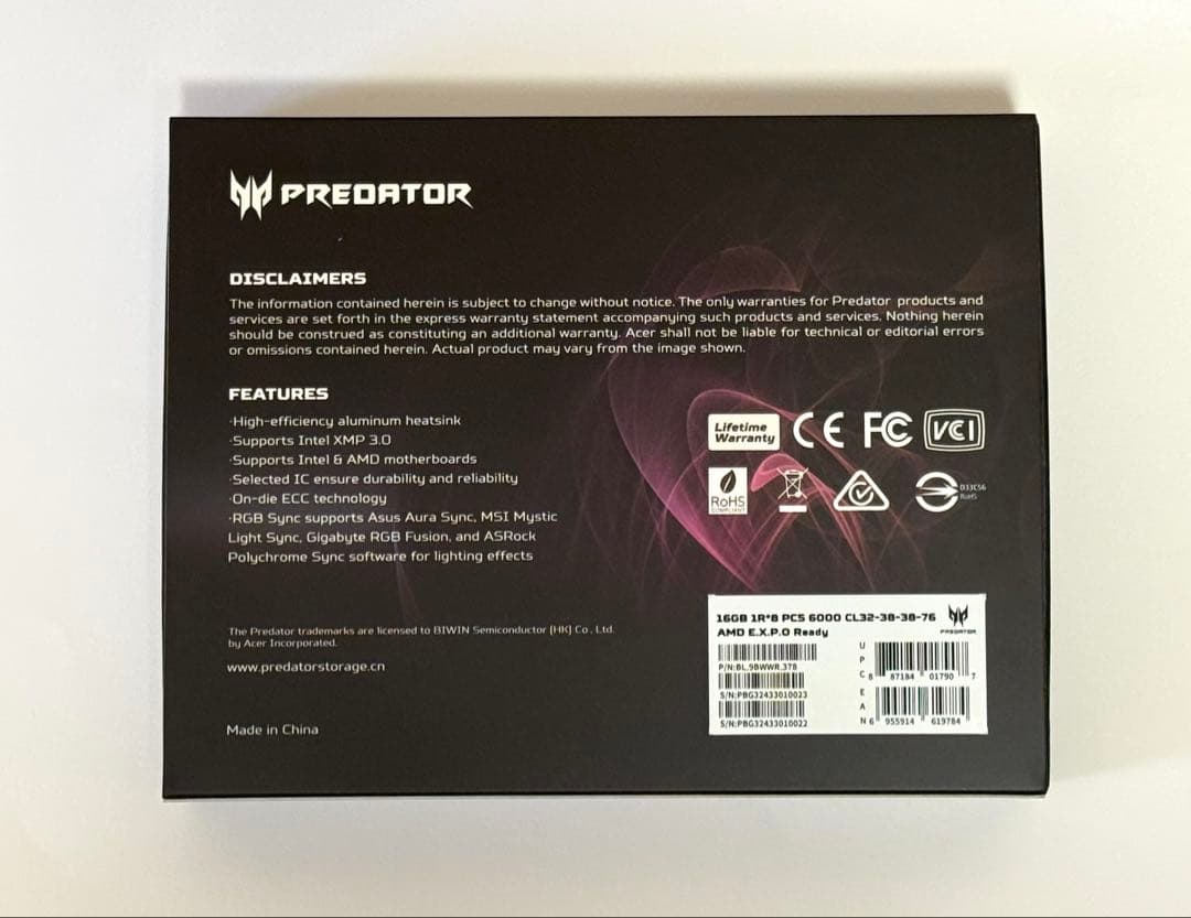 J*V様 Acer Predator Vesta Ⅱ DDR5 6000MHz