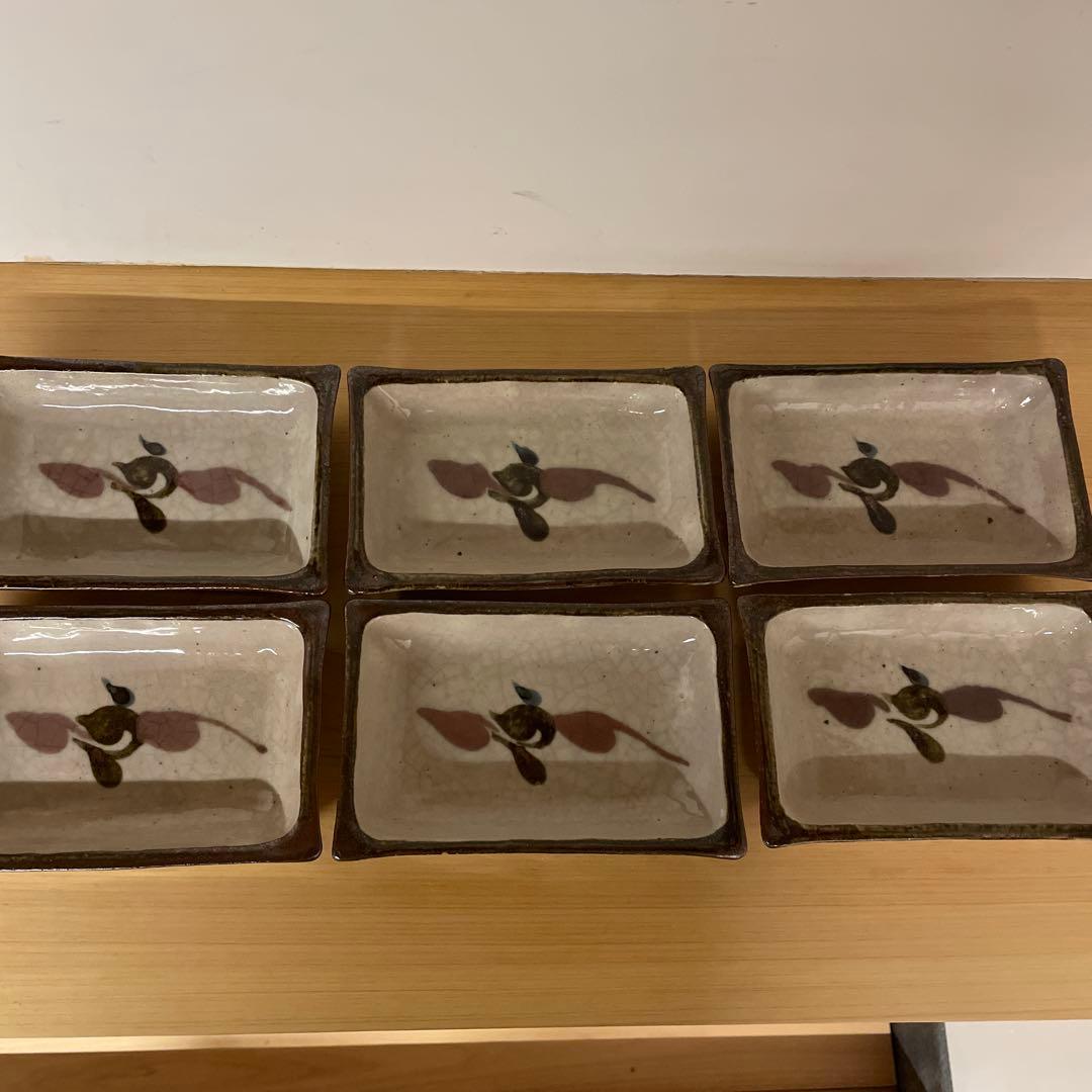 河井敏孝　鳥文角皿　６客　共箱付き　河井寛次郎 濱田庄司 民藝　スリップウェア