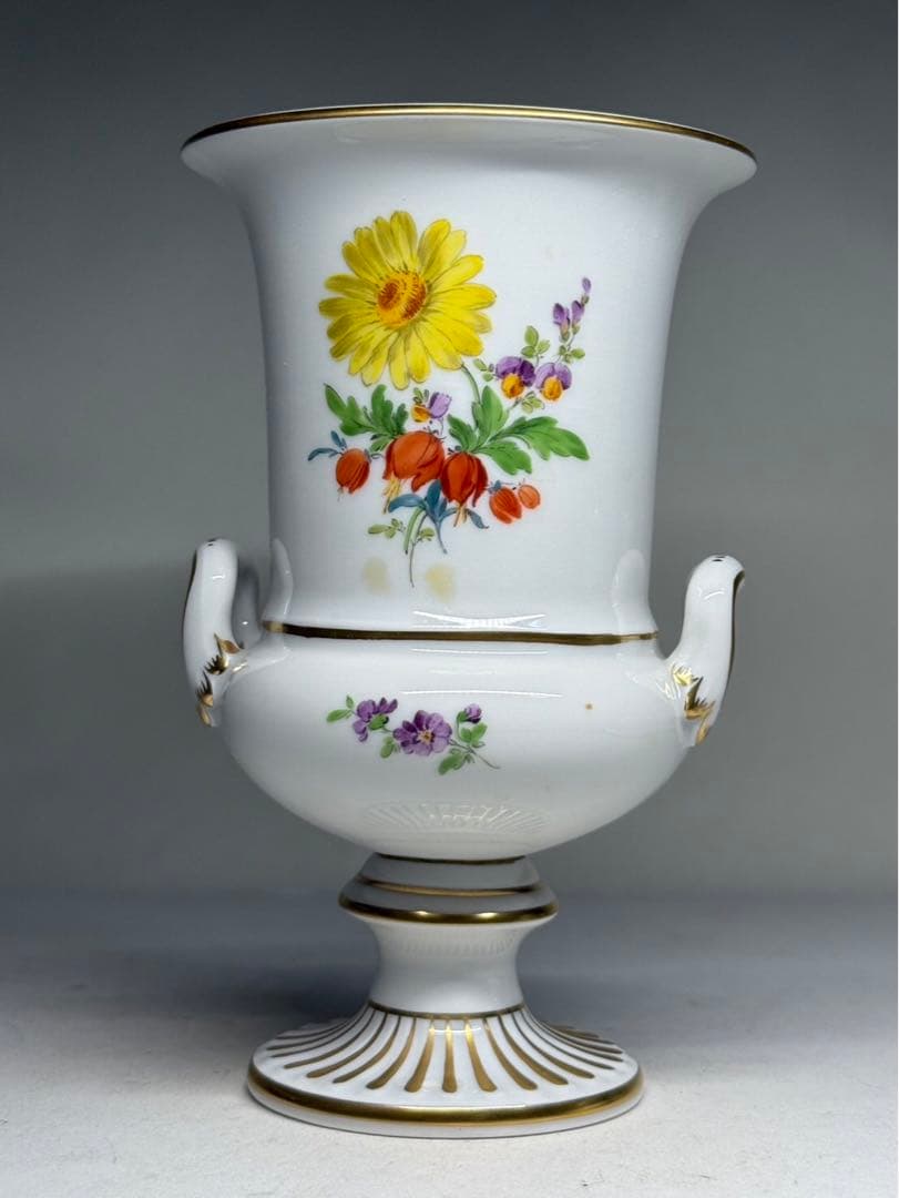 マイセン 金彩花紋様 白地 装飾花瓶 両持ち取手 フラワーベース