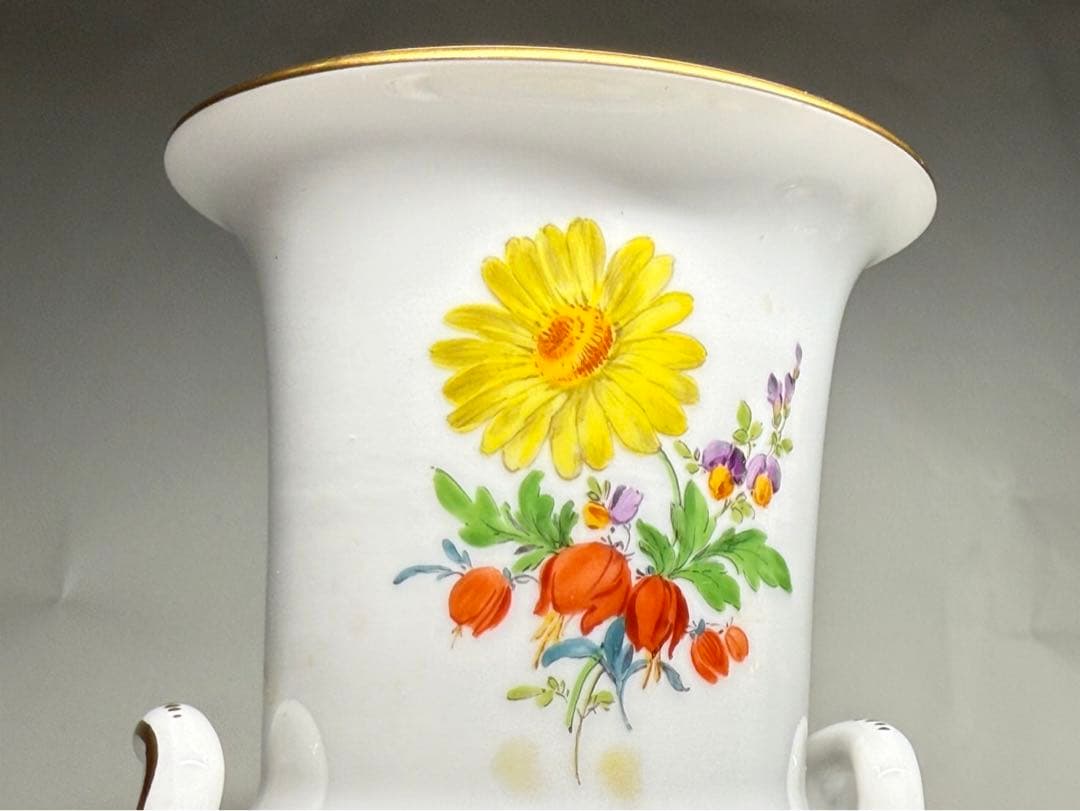 マイセン 金彩花紋様 白地 装飾花瓶 両持ち取手 フラワーベース