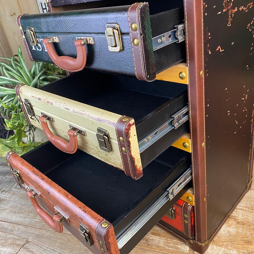 訳あり品！【108】アンティークビンテージ調レザートランクチェスト四段タンス収納
