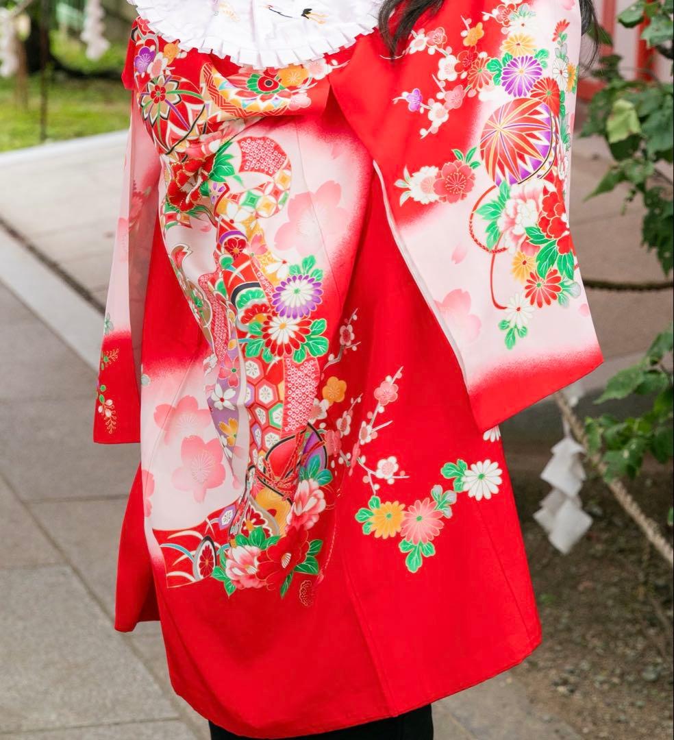 お宮参り 産着 赤 女の子 金糸刺繍 金コマ刺繍