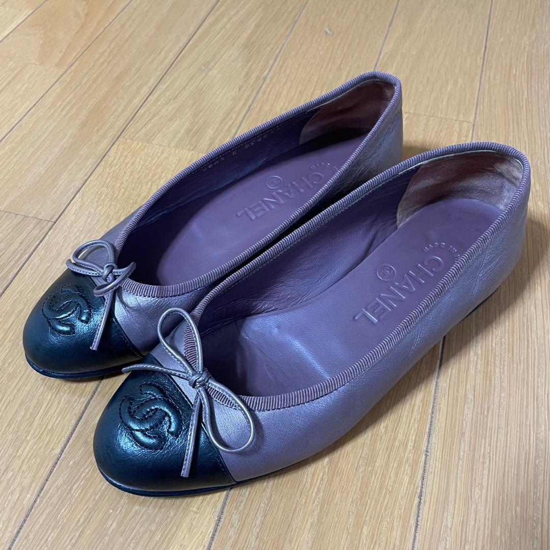 CHANEL バレリーナ バレエシューズ ココマーク リボン パープル 35