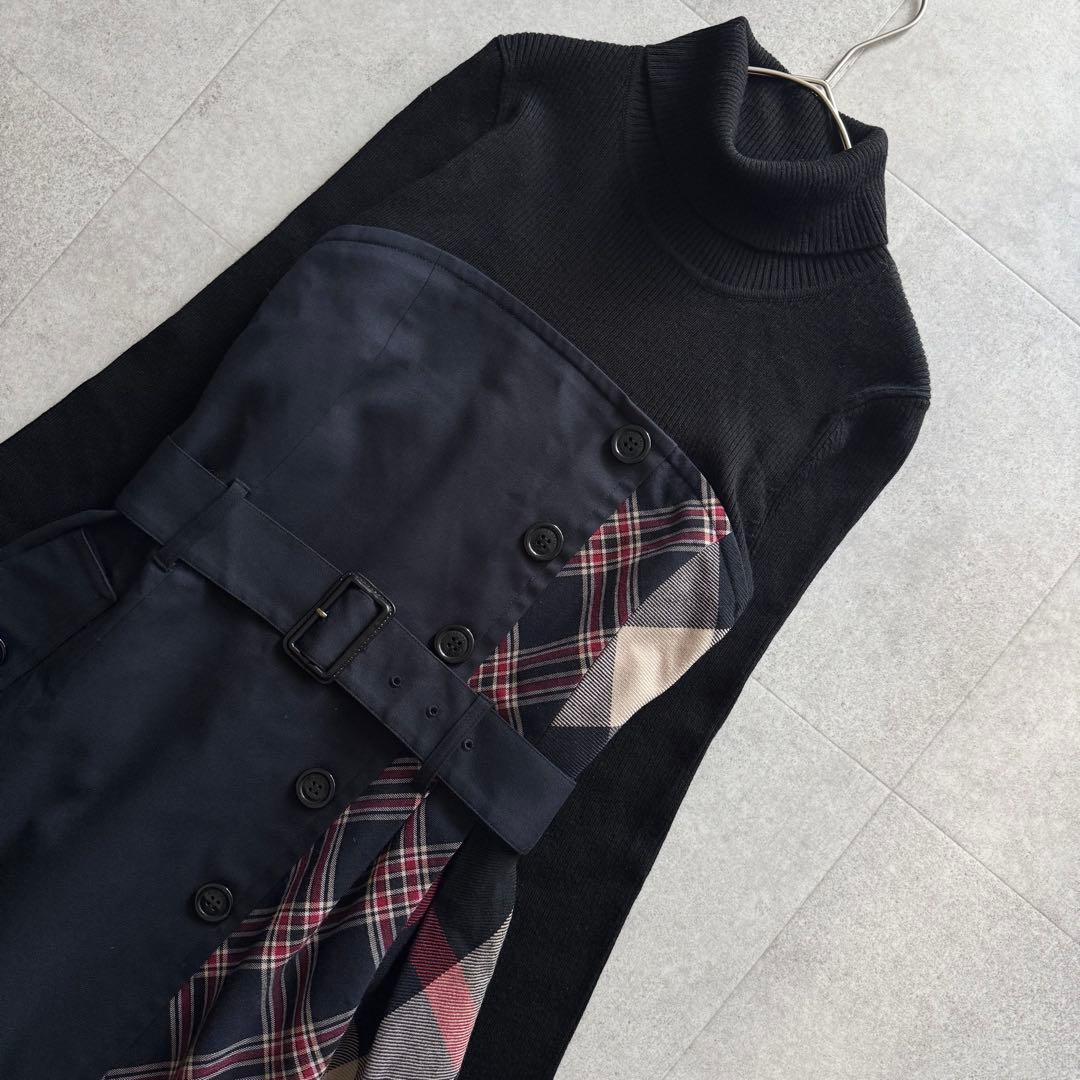 ブルーレーベルクリストブリッジ　ロングワンピース　ニット切替　黒　38　チェック