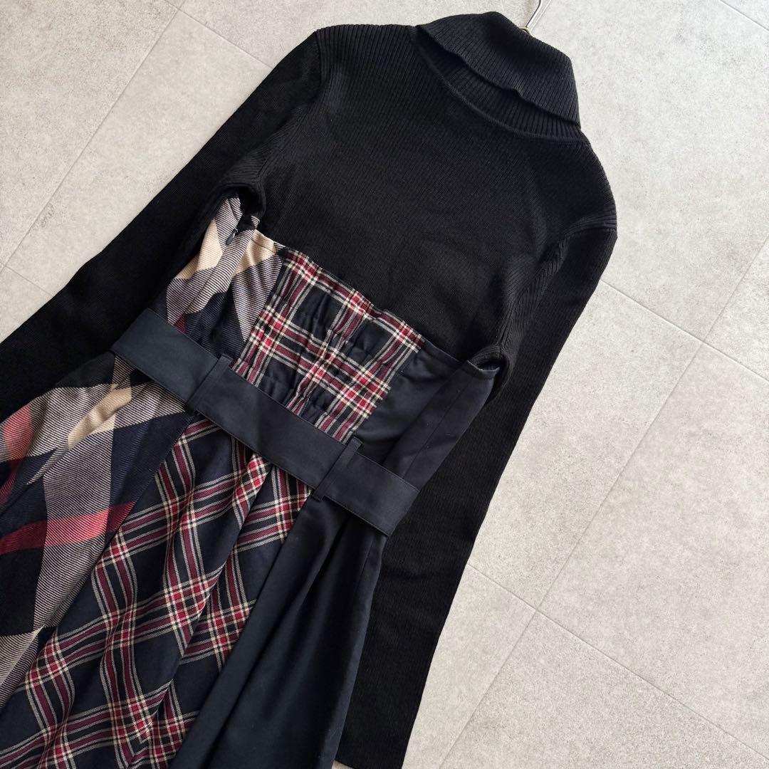 ブルーレーベルクリストブリッジ　ロングワンピース　ニット切替　黒　38　チェック