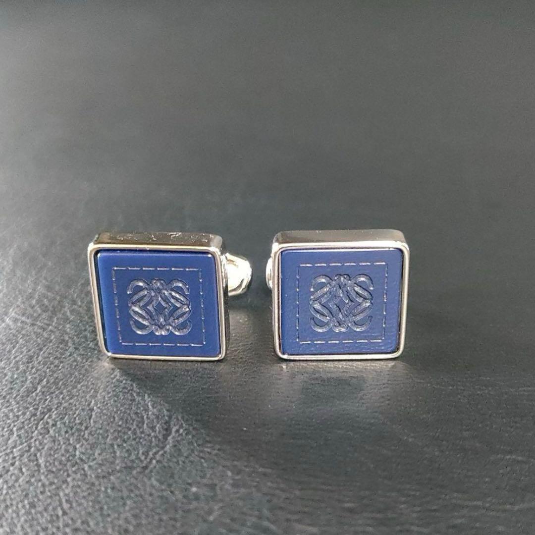 【美品】LOEWE　ロエベ　カフス　ブルー　ネイビー　シルバー　スクエア　ロゴ