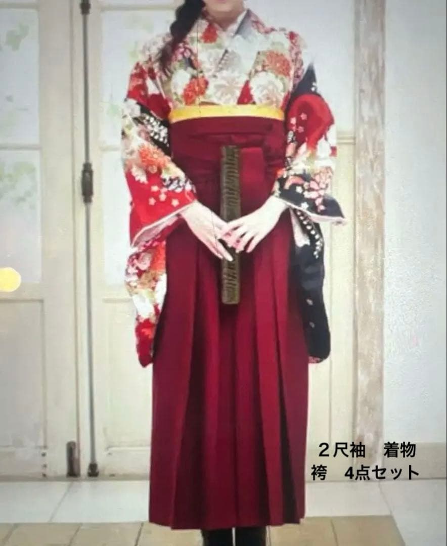 着物 袴 下帯 襦袢 4点セット２尺袖 牡丹桜藤 古典柄 吉祥文様