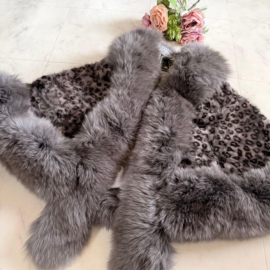 ボリューム◎人気 レオパードミンク×フォックスショール ファーポンチョ ケープ