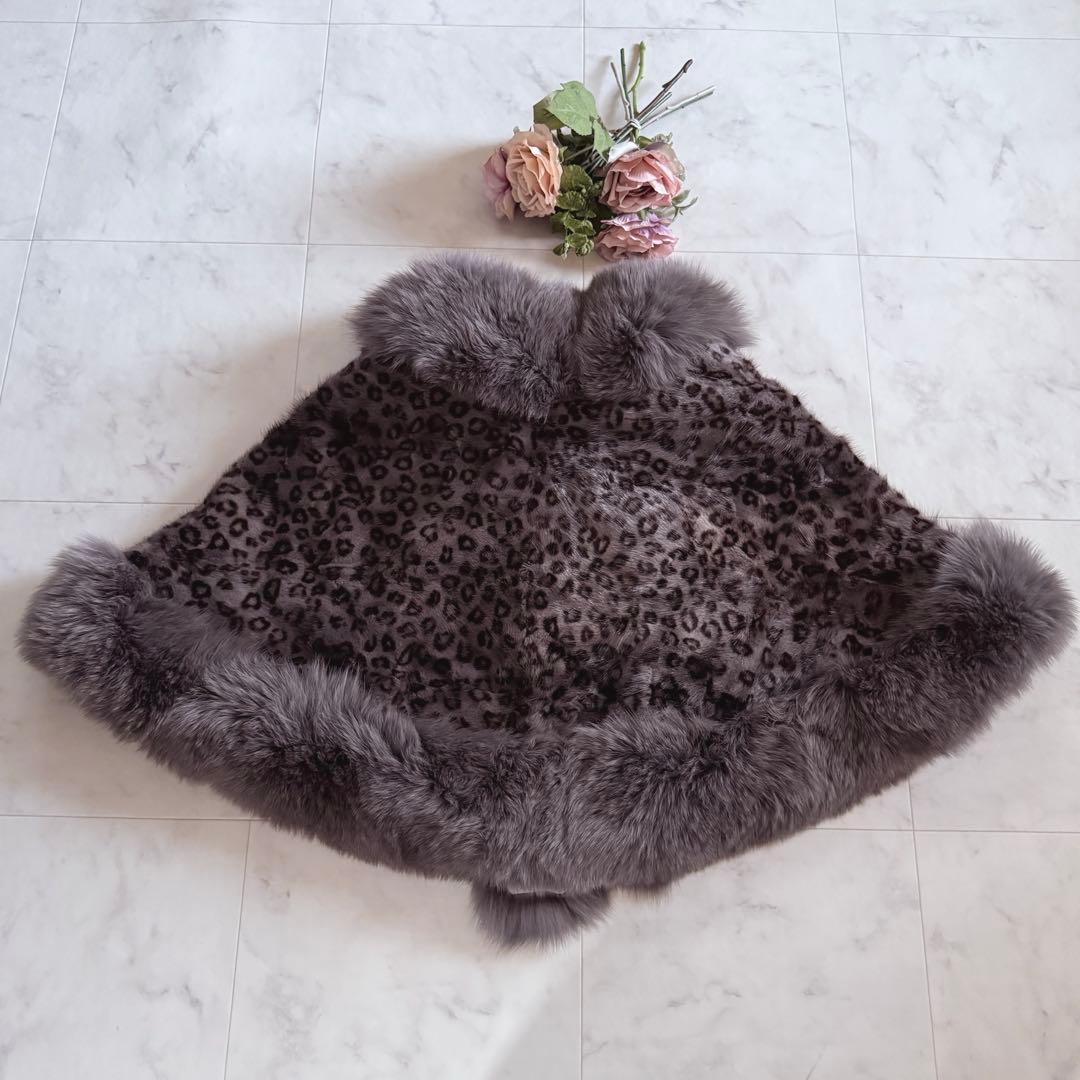 ボリューム◎人気 レオパードミンク×フォックスショール ファーポンチョ ケープ
