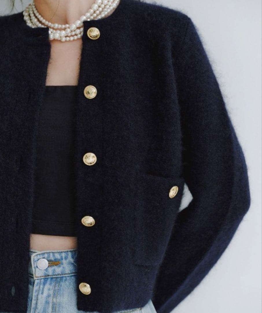 anuans カシミヤブレンドノーカラーニットジャケット　ネイビー