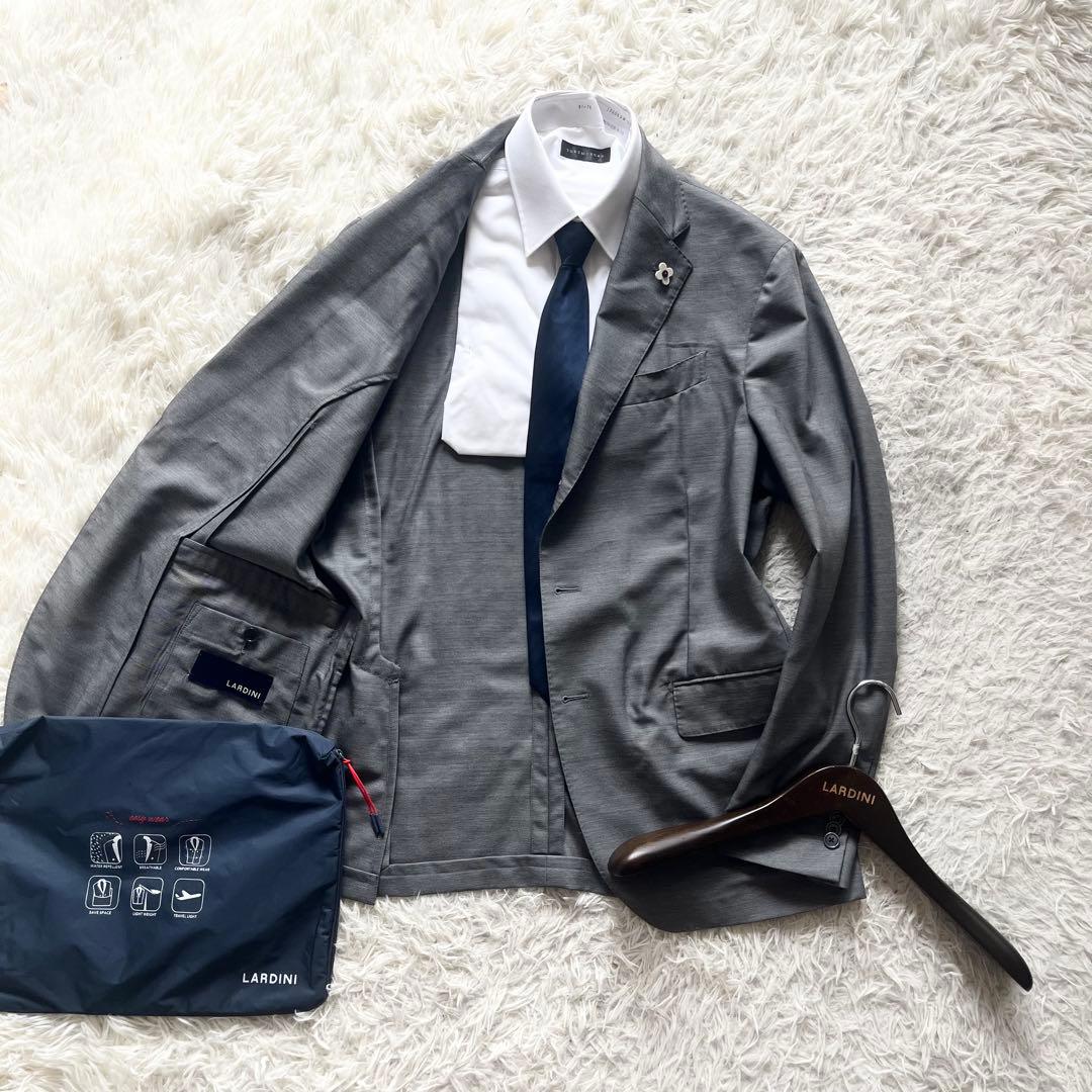 <美品>LARDINI easy wear 新ロゴ グレー ウールジャケット52