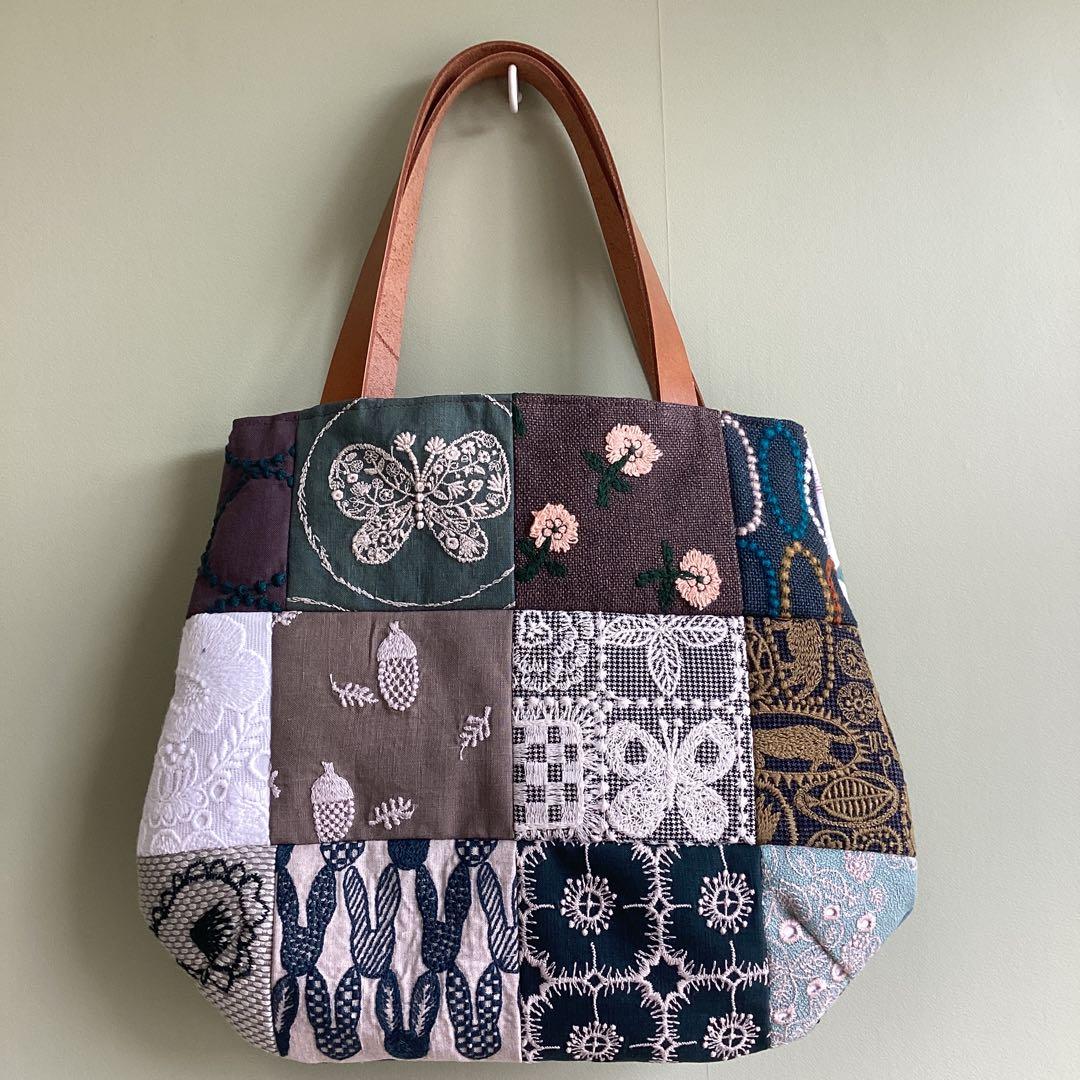 ミナペルホネンハギレをパッチワークふっくらまるみのトートバッグハンドメイド