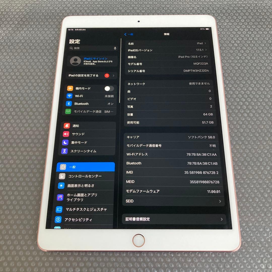 176 外観美品☆電池良好☆iPadPro64GB10.5インチSIMフリー☆