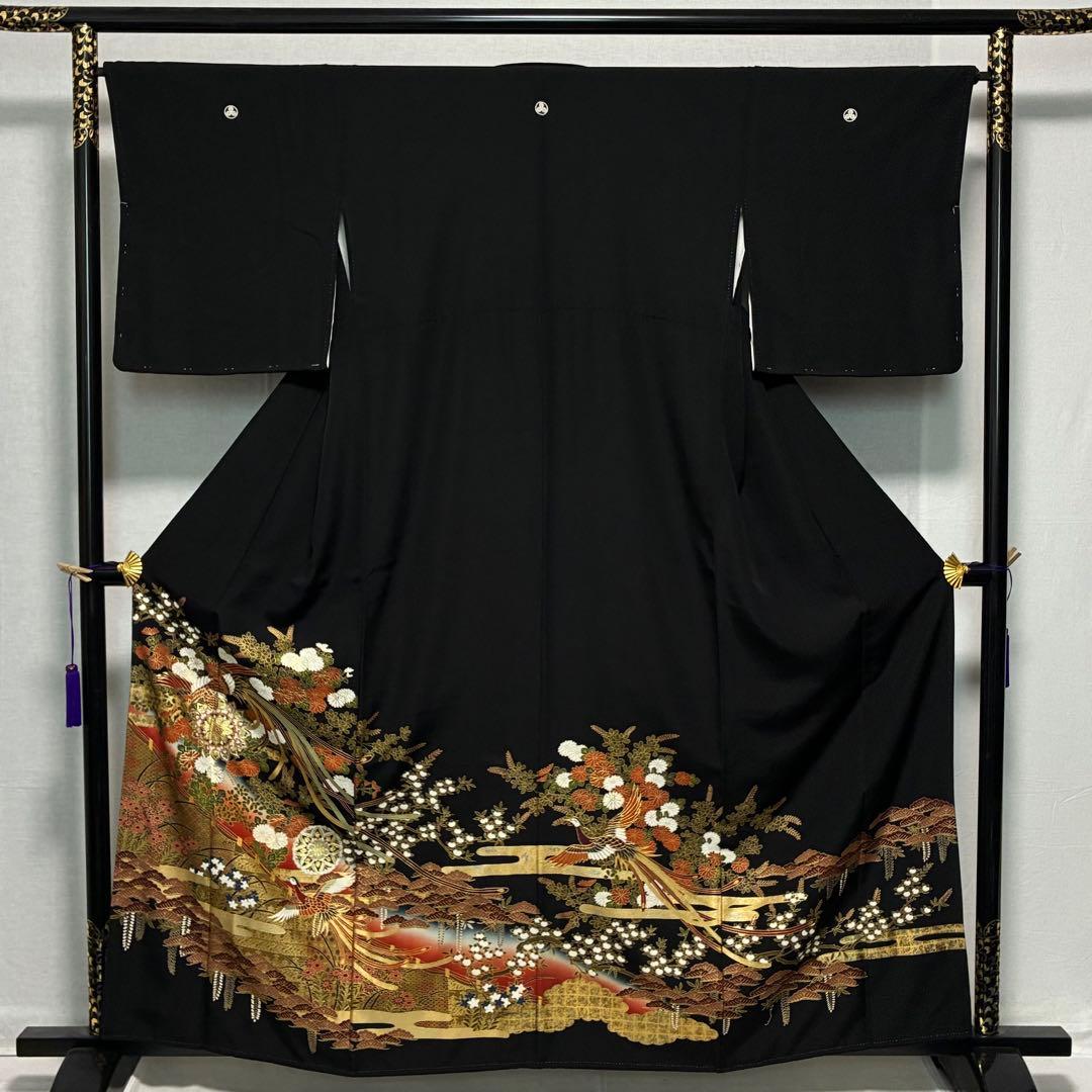 D98 黒留袖 鳳凰 華文 金彩 正絹 着物 袷 しつけ糸付き未使用極美品