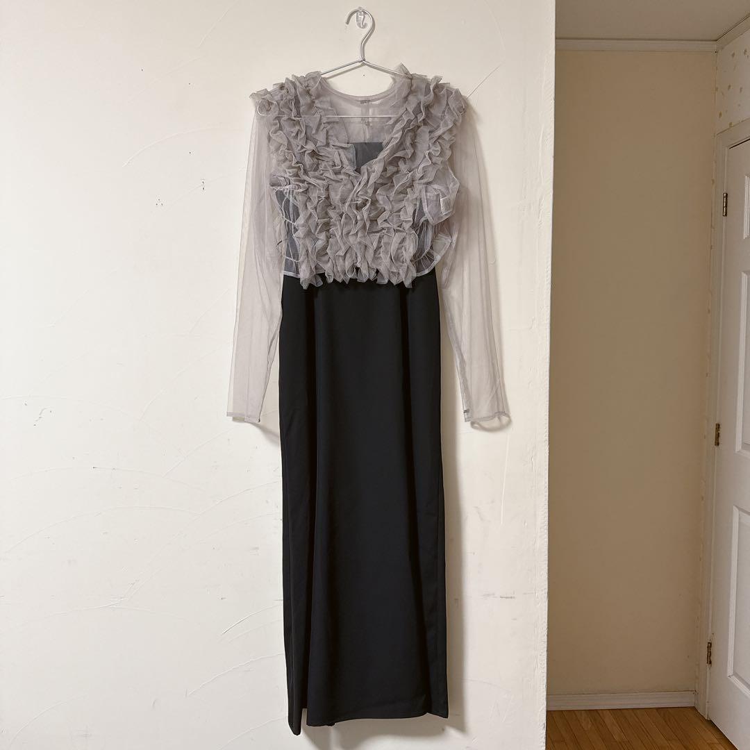 【にこ】チュール ボリューム フリル ベスト シアー トップス ワンピース