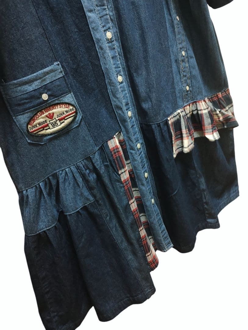 古着リメイク　ゆったり羽織れるデニムパッチワークワンピース　リメイクデニムシャツ